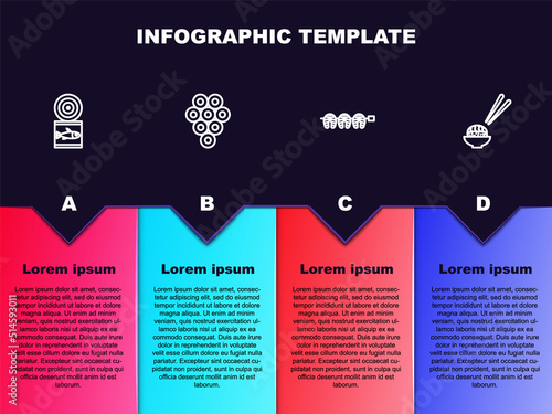 Set line Canned fish, Caviar, Grilled steak and Sushi. Business infographic template. Vector
