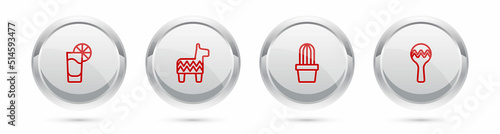 Set line Tequila glass with lemon, Pinata, Cactus or succulent pot and Maracas. Silver circle button. Vector