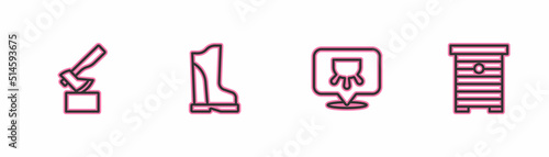Set line Wooden axe, Udder, Waterproof rubber boot and Hive for bees icon. Vector