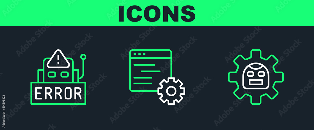Set line Robot, Error in robot and Computer api interface icon. Vector Set line Robot, Error in robot and Computer api interface icon. Vector