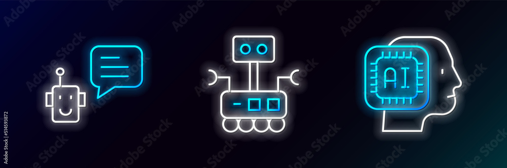 Set line Humanoid robot, Bot and Robot icon. Glowing neon. Vector Set line Humanoid robot, Bot and Robot icon. Glowing neon. Vector