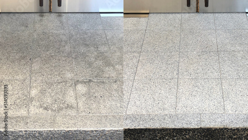 Before and after, cleaning on an old external natural white granite floor