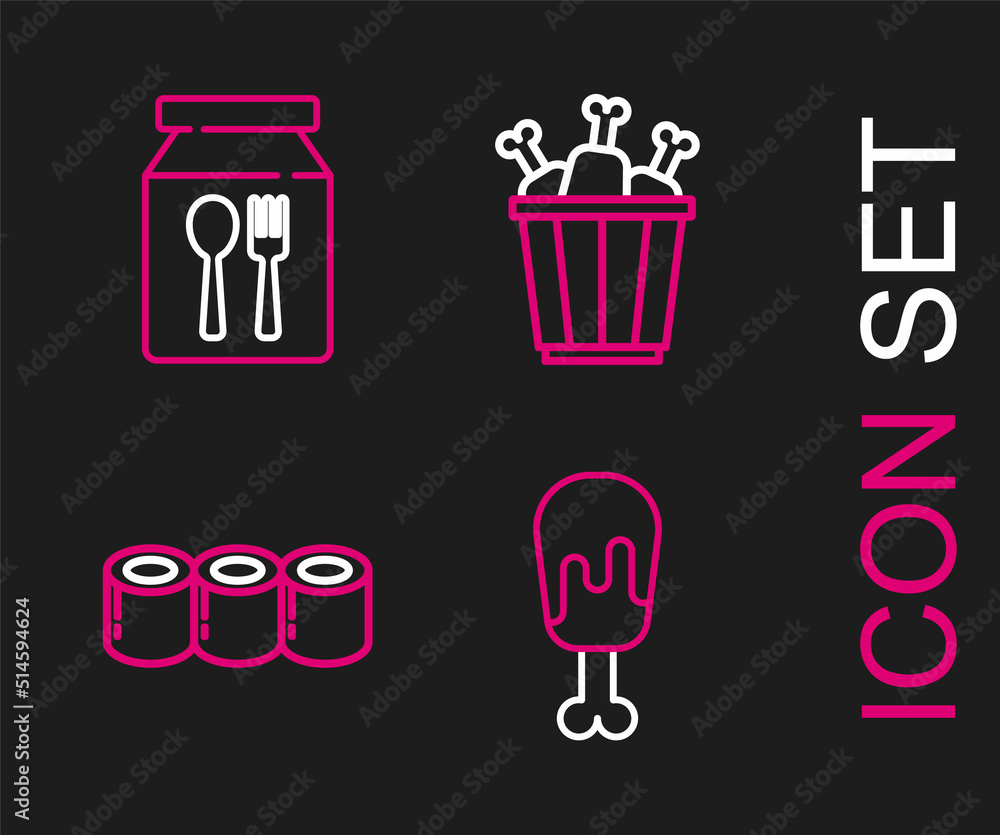 Set line Chicken leg, Sushi, in package box and Online ordering and delivery icon. Vector Set line Chicken leg, Sushi, in package box and Online ordering and delivery icon. Vector