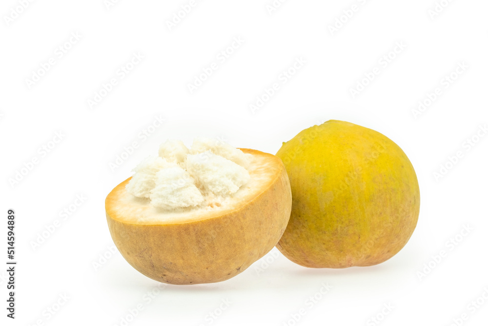 half santol fruit with leaf isolated on white background half santol fruit with leaf isolated on white background