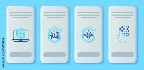 Set line System bug, Shield, Laptop protected with shield and Password protection icon. Vector