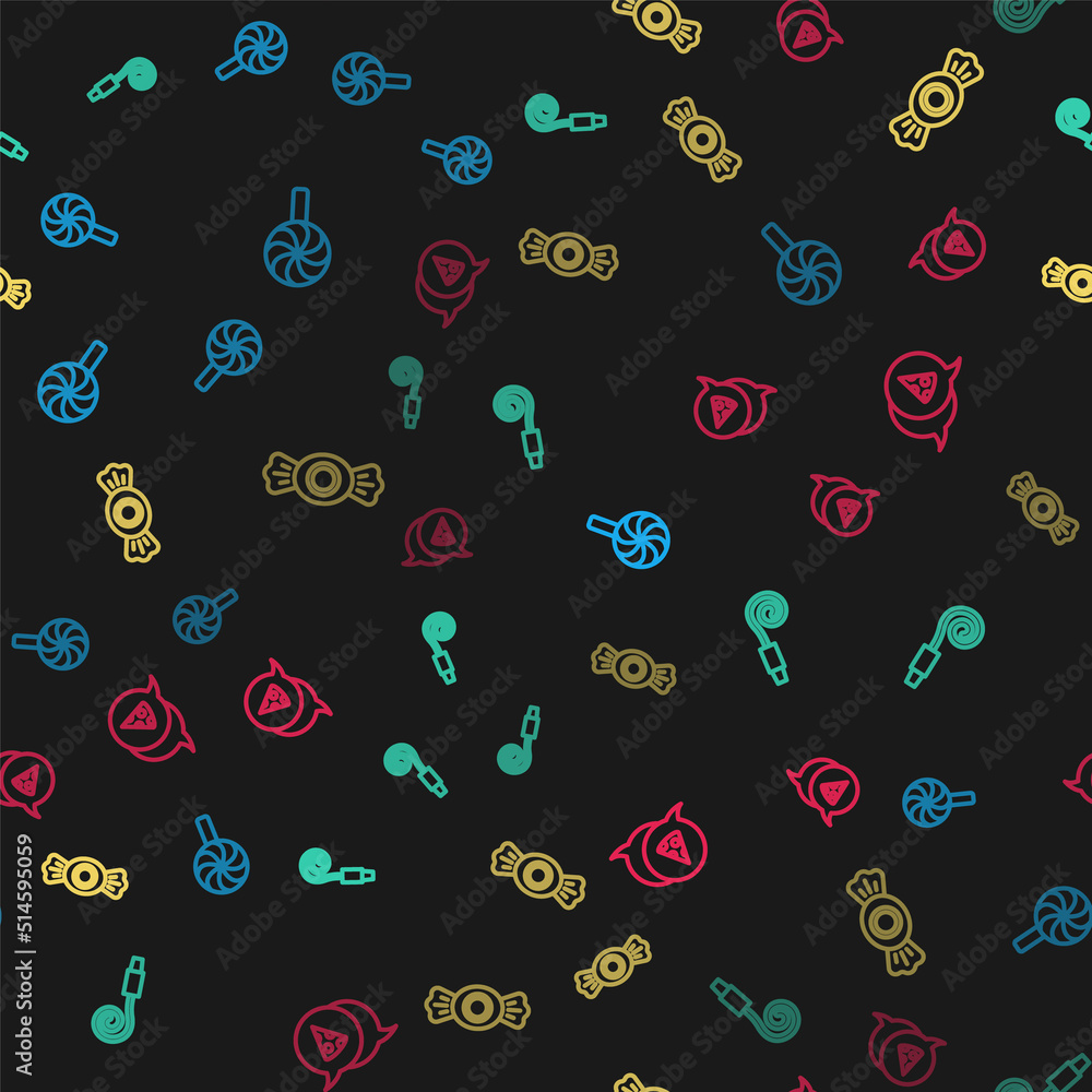 Set line Lollipop, Birthday party horn, Candy and Slice of pizza on seamless pattern. Vector Set line Lollipop, Birthday party horn, Candy and Slice of pizza on seamless pattern. Vector