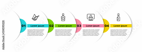 Set line Hot chili pepper pod, Tequila bottle, Mexican sombrero and Tabasco sauce. Business infographic template. Vector
