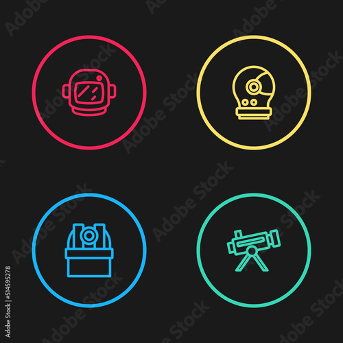 Set line Astronomical observatory, Telescope, Astronaut helmet and icon. Vector