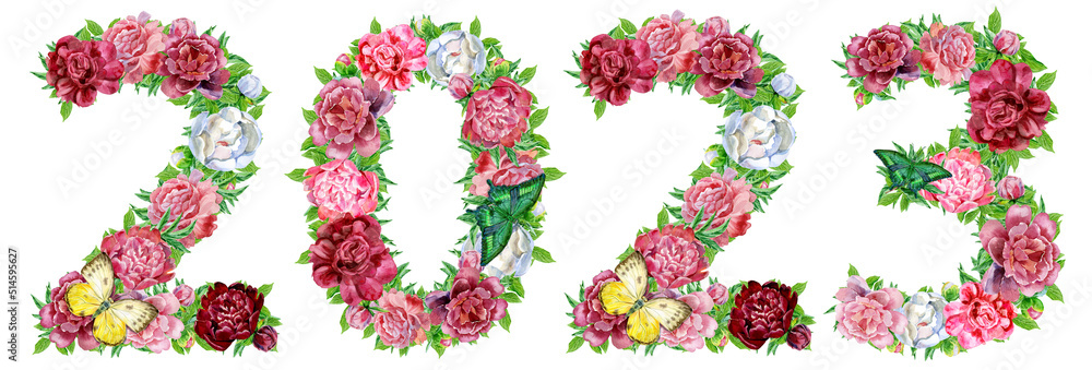 Happy New Year 2023 with watercolor flowers and leaves background Happy New Year 2023 with watercolor flowers and leaves background