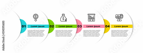 Set line Dollar rate decrease, Money bag, Pie chart infographic and Stop delivery cargo truck. Business infographic template. Vector
