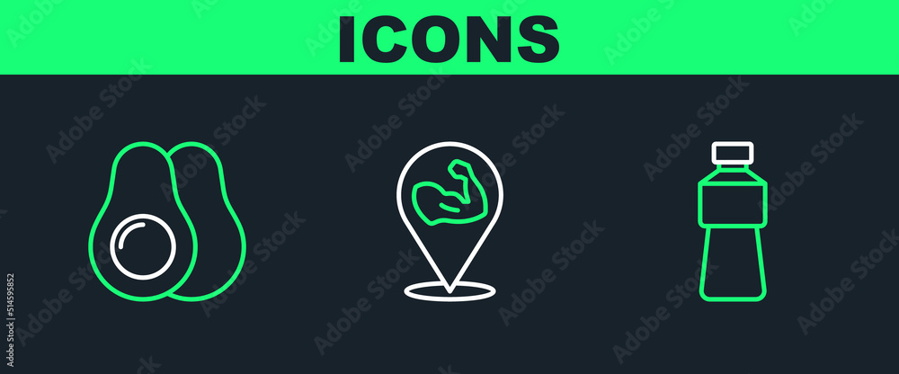 Set line Bottle of water, Avocado fruit and Bodybuilder muscle icon. Vector Set line Bottle of water, Avocado fruit and Bodybuilder muscle icon. Vector