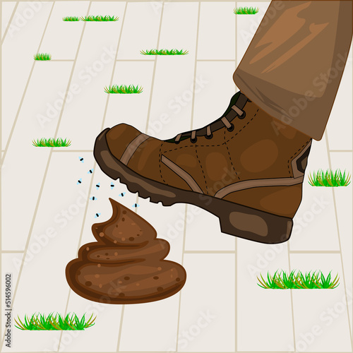 Man foot stepping into dog poop. Businessman step on poo. Men foot with shoe stepped on animal shit. Unpleasant surprise, unexpected problems, bad day or karma concept.Shit happens.Vector illustration