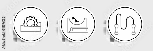 Set line Jump rope, Ferris wheel and Skate park icon. Vector