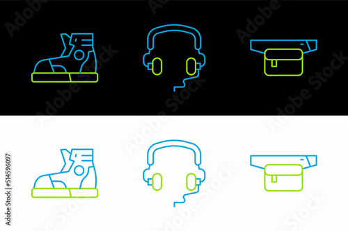 Set line Waist bag of banana, Sport sneakers and Headphones icon. Vector