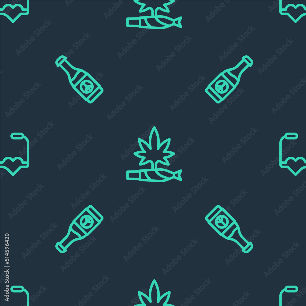 Set line Marijuana joint, spliff, Beer bottle and Heart shaped love glasses on seamless pattern. Vector Set line Marijuana joint, spliff, Beer bottle and Heart shaped love glasses on seamless pattern. Vector