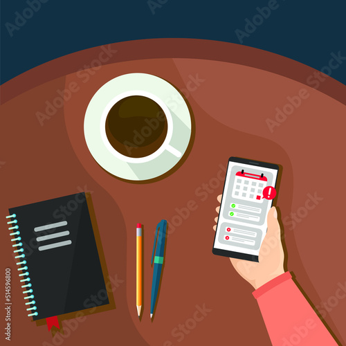 Coffee Time concept with the hands of people drinking caffe latte, espresso and cappuccino, colored vector illustration. Top view. Hand in table

