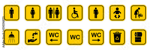 Set of Toilet Silhouette Icon. Mother and Baby Room. Sign of Washroom for Male, Female, Transgender, Disabled. WC Sign on Door for Public Toilet. Collection of Symbols Restroom. Vector Illustration