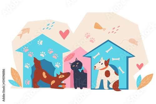 Animals shelter banner or poster template with dogs and cats. Pets adoption and money donation for animals shelter, flat vector illustration isolated on white background.