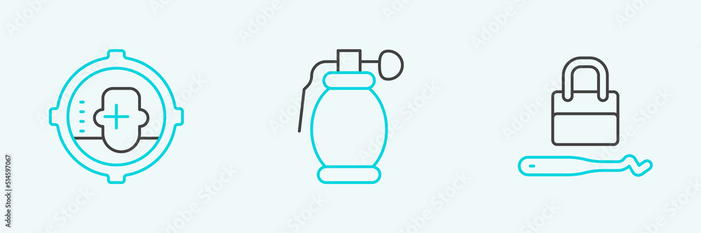 Set line Lock picks for lock picking, Headshot and Hand grenade icon. Vector Set line Lock picks for lock picking, Headshot and Hand grenade icon. Vector