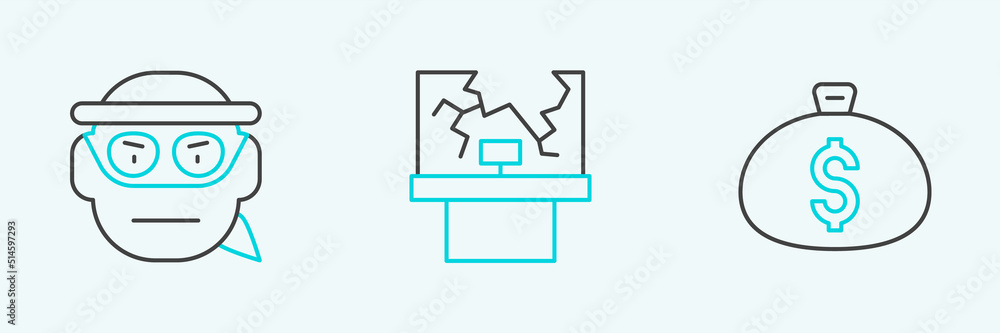 Set line Money bag, Bandit and Broken window icon. Vector Set line Money bag, Bandit and Broken window icon. Vector