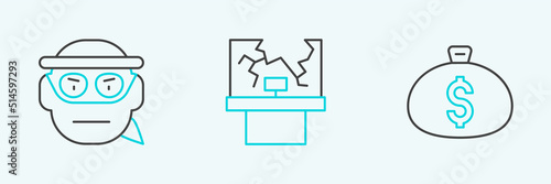 Set line Money bag, Bandit and Broken window icon. Vector