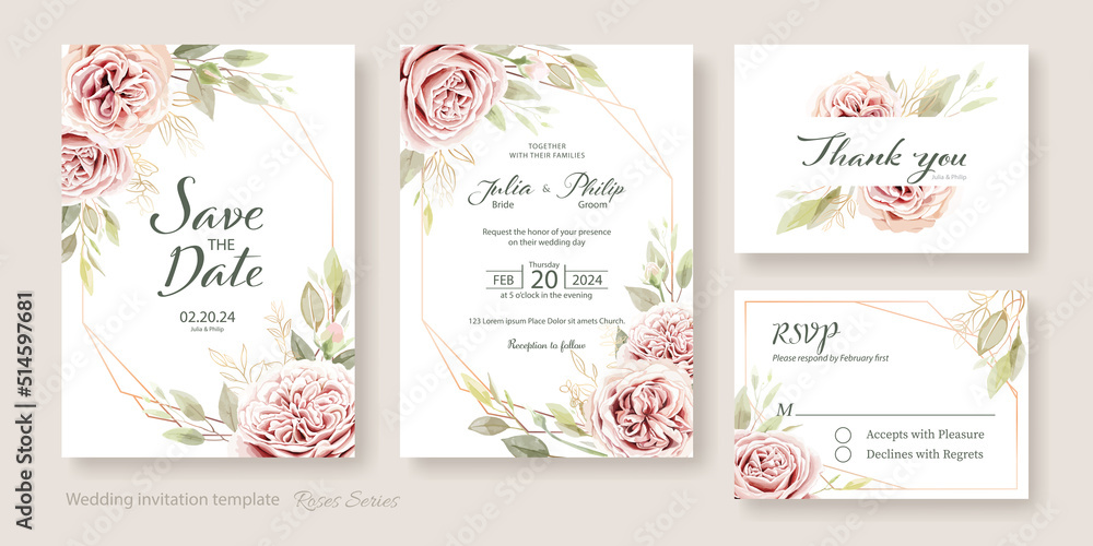 Wedding Invitation, save the date, thank you, rsvp card template. Juliet rose and wax flower with eucalyptus leaves.