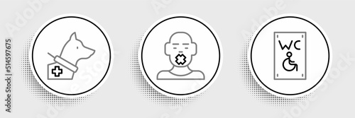 Set line Separated toilet for disabled, Guide dog and Head of deaf and dumb icon. Vector