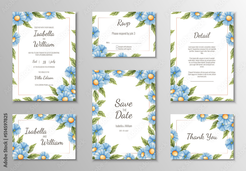 Set of wedding templates, banners, invitations for the holiday.Beautiful postcard decor with blue flower