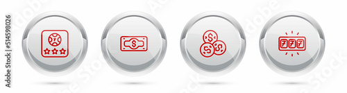 Set line Online poker table game, Stacks paper money cash, Casino chip with dollar and Slot machine jackpot. Silver circle button. Vector