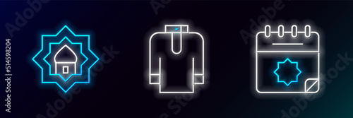 Set line Ramadan calendar, Muslim Mosque and Shirt kurta icon. Glowing neon. Vector