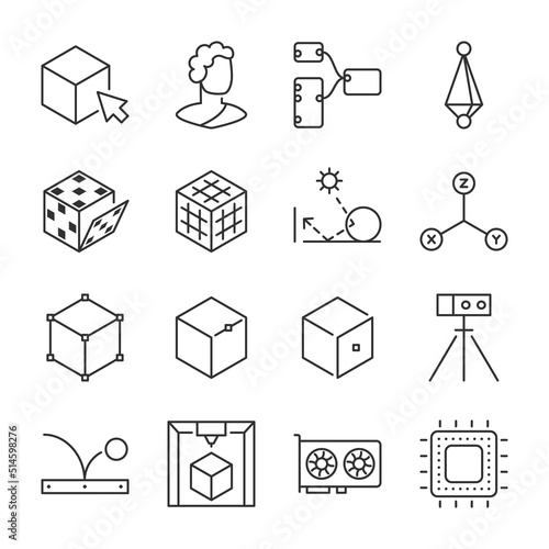 3d modeling icons set.  Program tools for modeling, sculpting, rendering. 3d printer, icon collection. Line with editable stroke