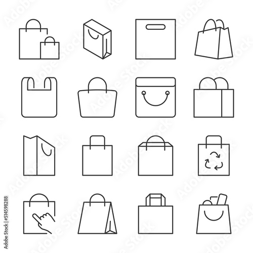 Bag, package icons set.  Shopping bags in different shapes, made of paper, plastic and fabric, linear icon collection. Line with editable stroke
