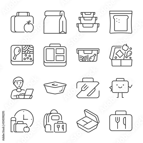 Food in a container icons set.  Breakfast, lunch to go. Meals to go. A set of rations for school or work, linear icon collection. Line with editable stroke