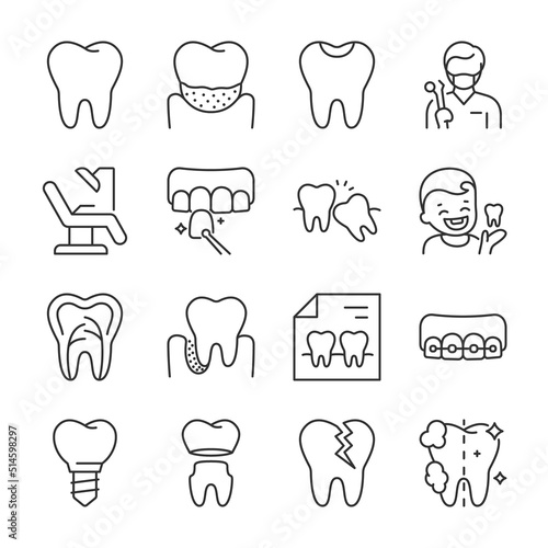 Dentistry, Stomatology icons set.  Dentist services, Professional dental care, treatment, cleaning, and diagnosis of diseases , linear icon collection. Line with editable stroke