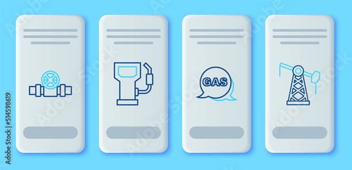 Set line Petrol or gas station, Location and, Metallic pipes valve and Oil pump pump jack icon. Vector