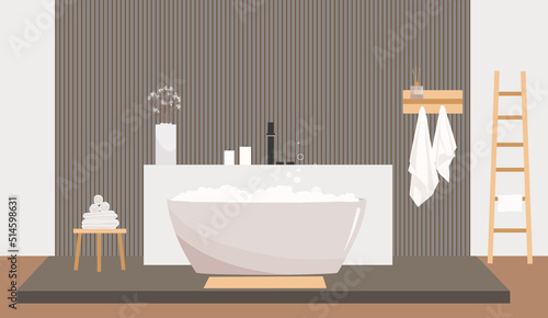 Cartoon flat vector illustration of luxurious interior design of bathroom. Bathroom with ladder, towel, candles, flowers and bubbles