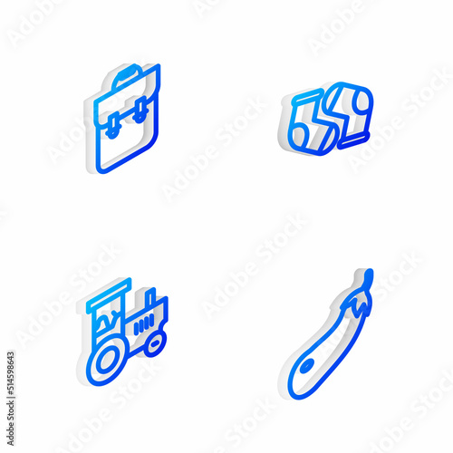 Set Isometric line Socks, School backpack, Tractor and Eggplant icon. Vector © vector_v