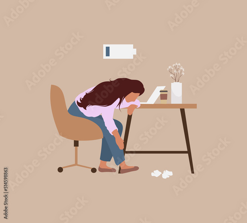 Woman got burnout in workplace. Illustration of stressed, overworked tired professional