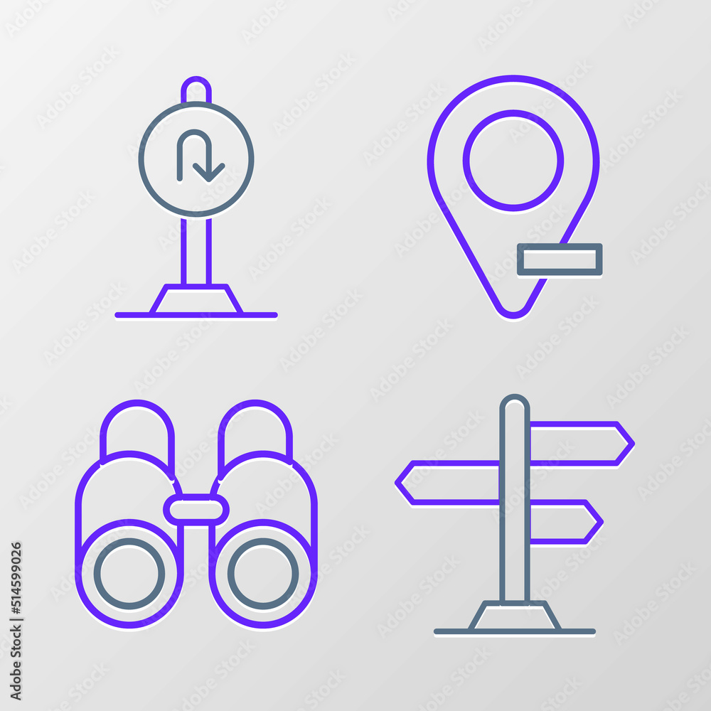Set line Road traffic sign, Binoculars, Location and Turn back road icon. Vector Set line Road traffic sign, Binoculars, Location and Turn back road icon. Vector