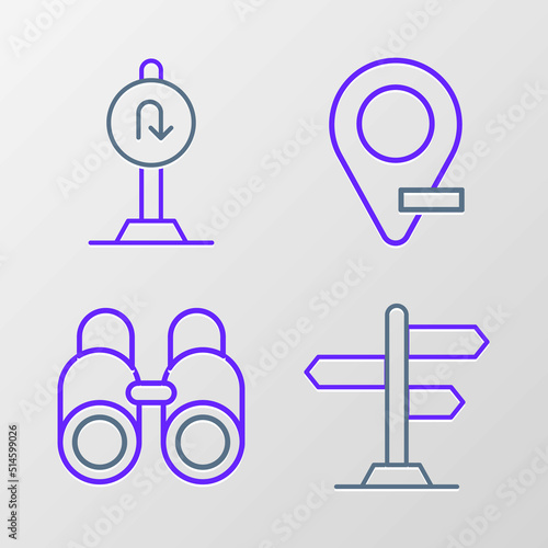 Set line Road traffic sign, Binoculars, Location and Turn back road icon. Vector