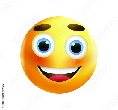 High quality emoticon vector on white background. Happy face emoji. Yellow face blushing and smiling emoji.