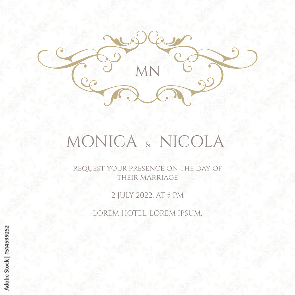 Graphic design page. Wedding invitation. Decorative floral frame, monogram. Graphic design page. Wedding invitation. Decorative floral frame, monogram.