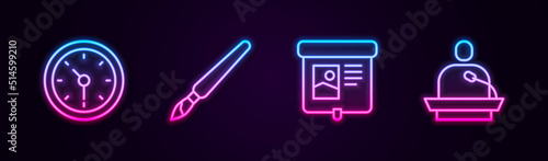 Set line Clock, Paint brush, Projection screen and Gives lecture. Glowing neon icon. Vector