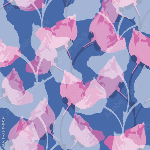 seamless abstract hand drawn flowers pattern on blue  background , greeting card or fabric