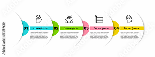 Set line Learning foreign languages, Two sitting men talking, Flag and Head with gear inside. Business infographic template. Vector