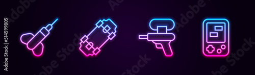 Set line Dart arrow, Skateboard, Water gun and Tetris electronic game. Glowing neon icon. Vector