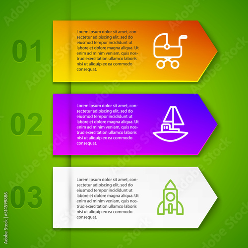 Set line Baby stroller, Toy boat and Rocket ship toy. Business infographic template. Vector