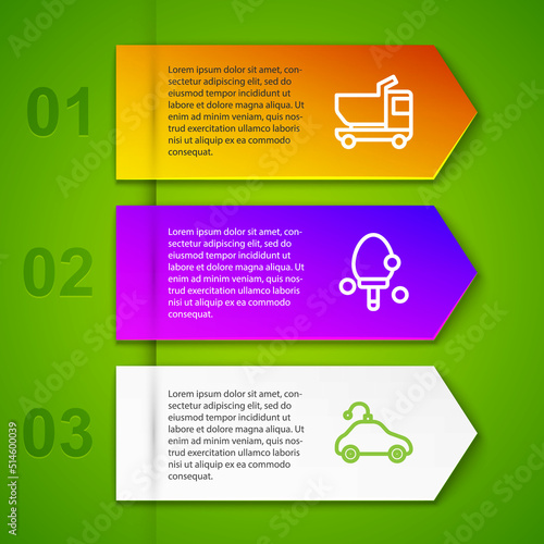 Set line Toy truck, Racket and Radio controlled car toy. Business infographic template. Vector