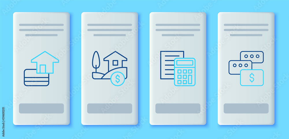 Set line House with dollar, Calculator, Credit card and Price negotiation icon. Vector