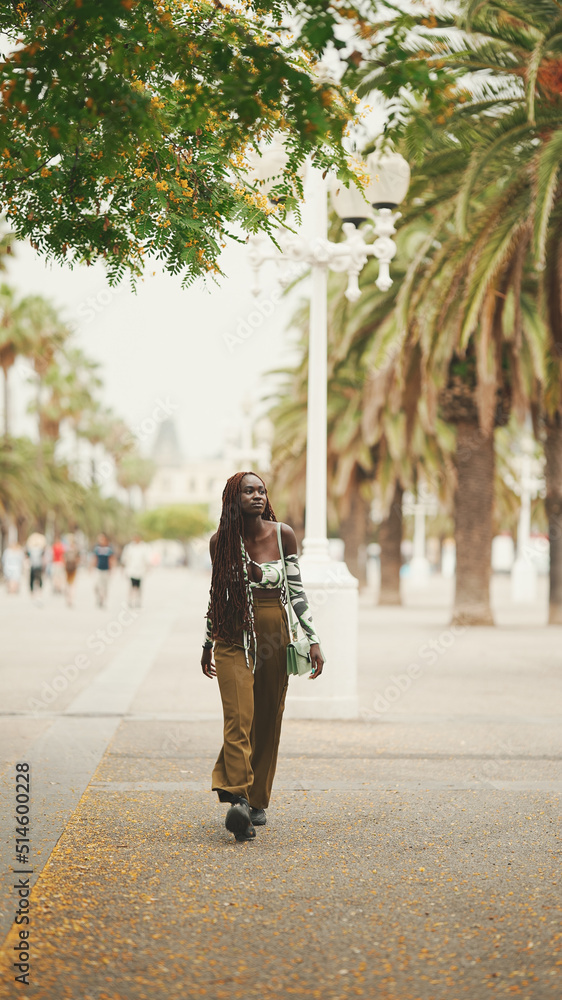 Gorgeous woman with African braids wearing walks down the street. Stylish girl walking on the park